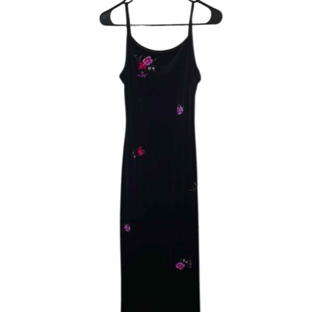 Vintage Y2K Currants Velvet Black Floral Maxi Dress with Back Slit Soft